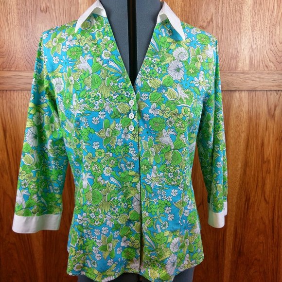 Foxcroft Tops - Retro Flower Power Floral Cotton Shirt 8p petite